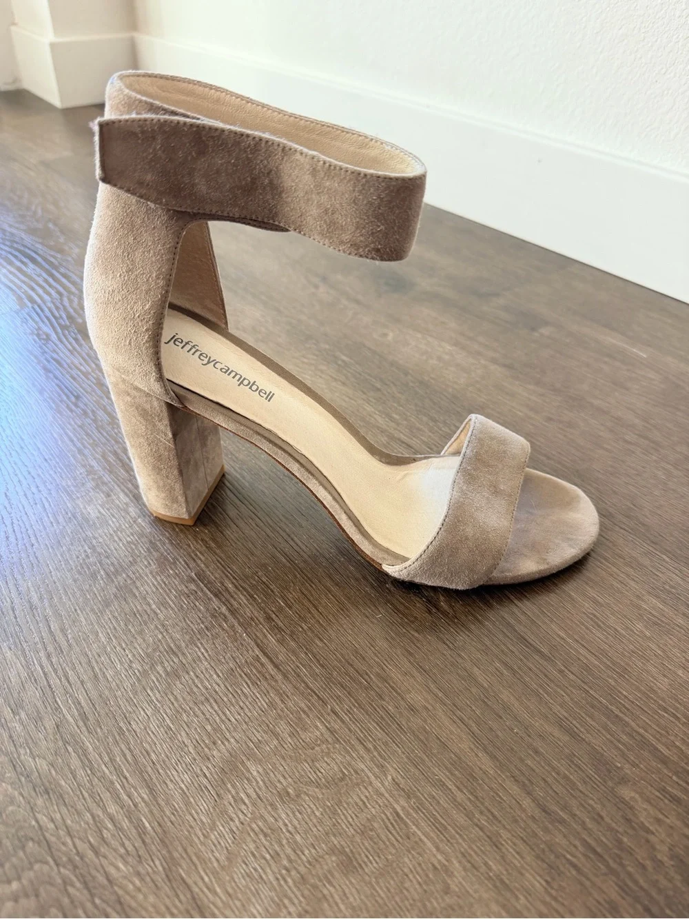 Jeffrey Campbell Taupe Suede Block Heel Sandals with Ankle Strap